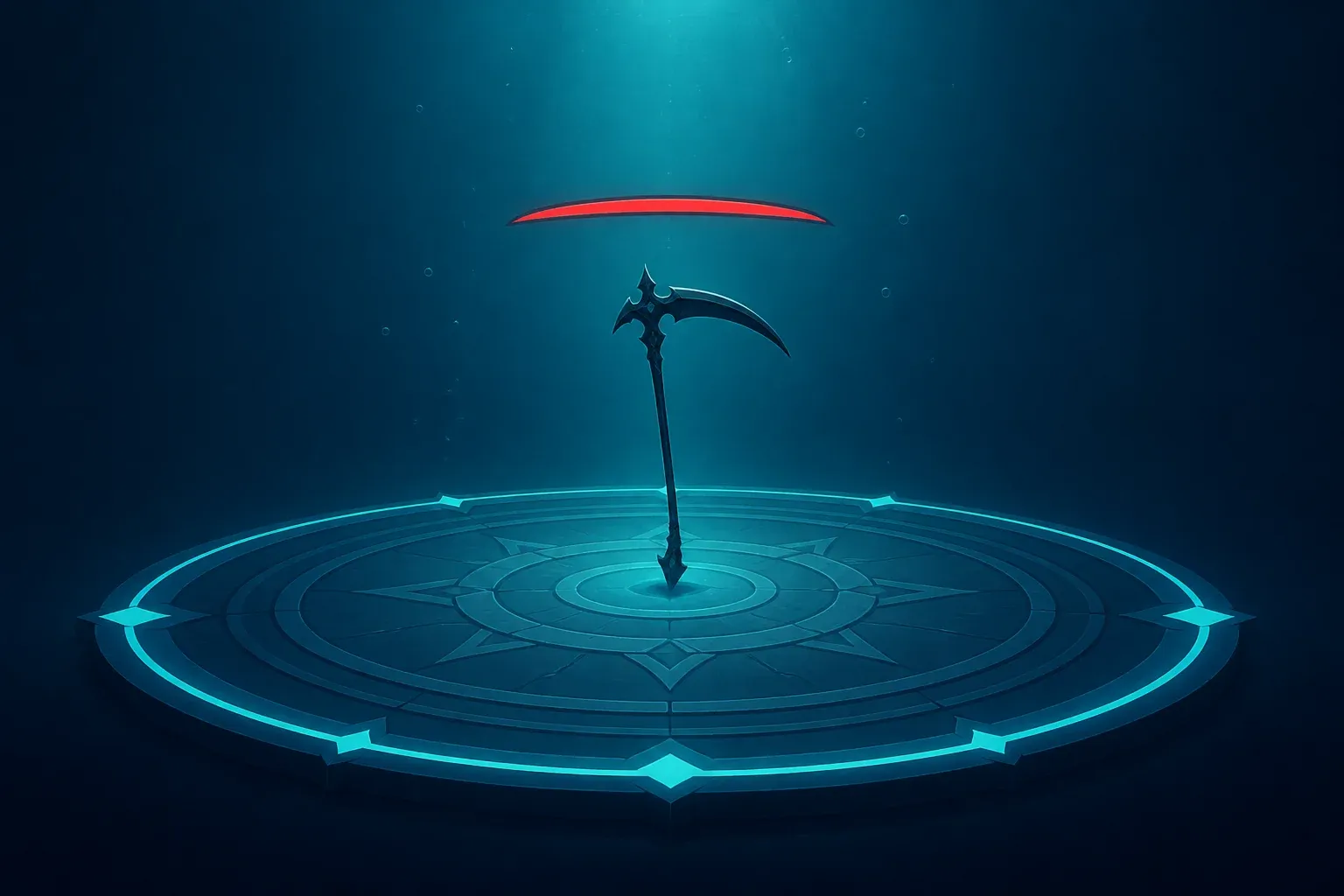 A circular boss arena floor glowing at the rim, with a scythe planted at its centre and a thin red health bar arcing above it.