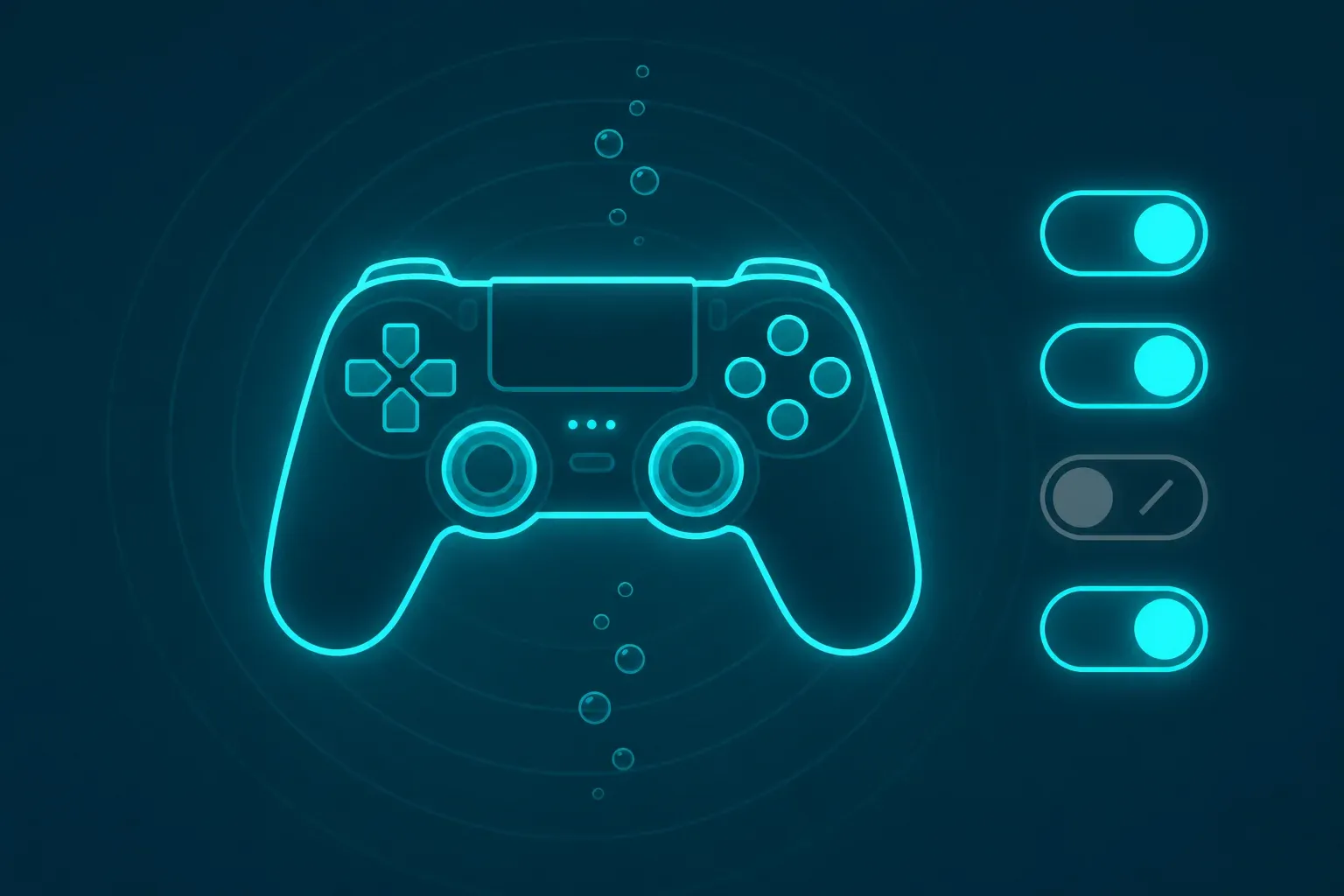 A glowing game controller beside a stack of four toggle switches — three switched on and lit, the fourth switched off and greyed out.