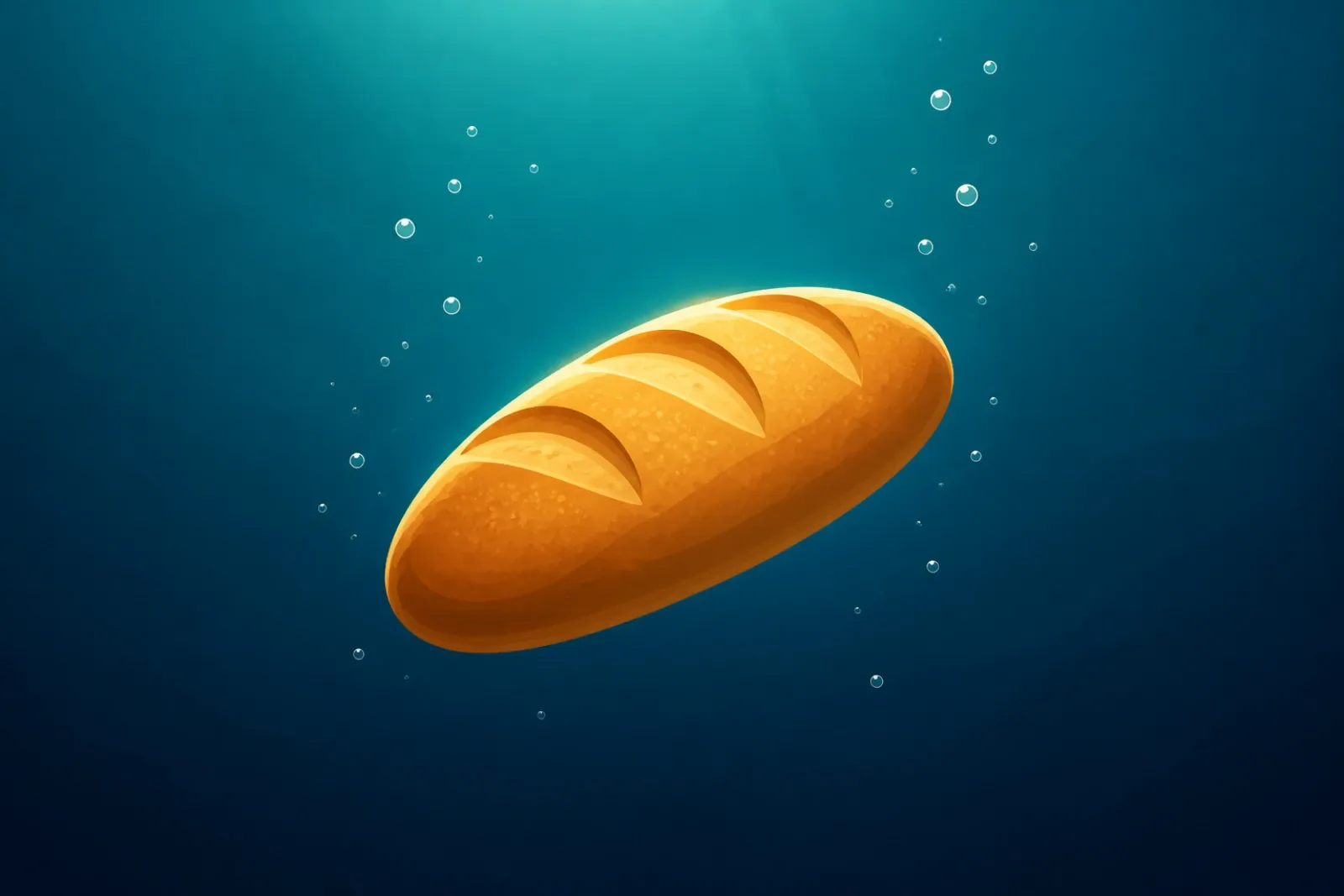 A loaf of bread drifting on the sea floor, surrounded by rising bubbles
