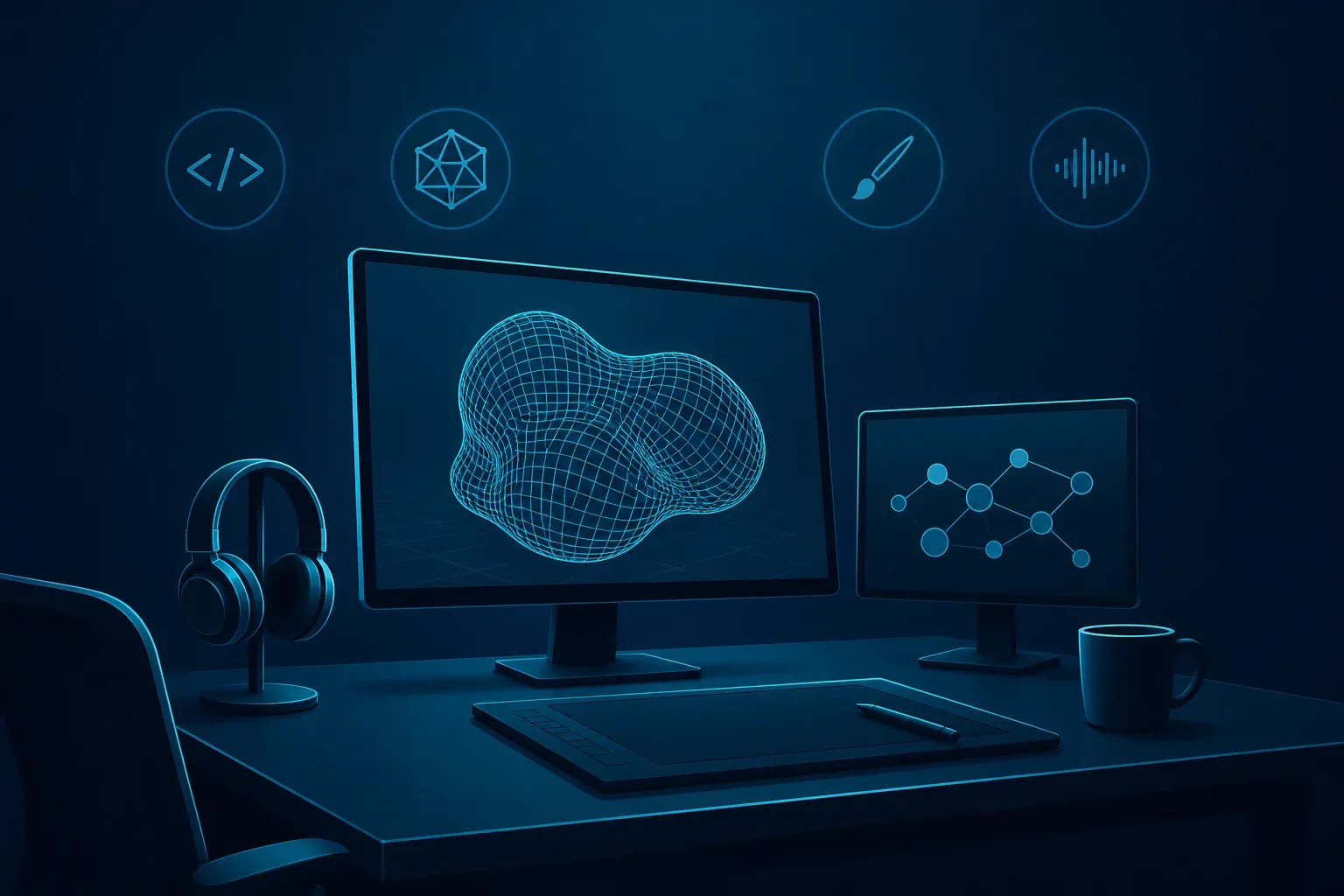 A single lit desk with two monitors — one showing a 3D wireframe model, one a node graph — a drawing tablet and headphones, with code, mesh, brush and waveform icons above it and an empty chair.