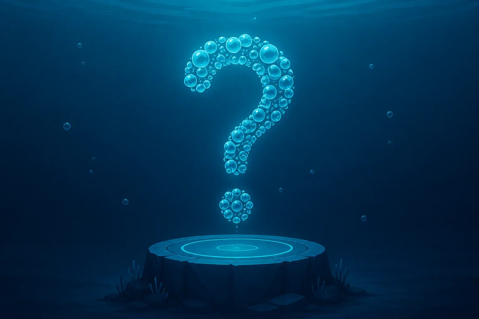 A large question mark formed from rising bubbles, hovering over an empty pedestal on the sea floor.