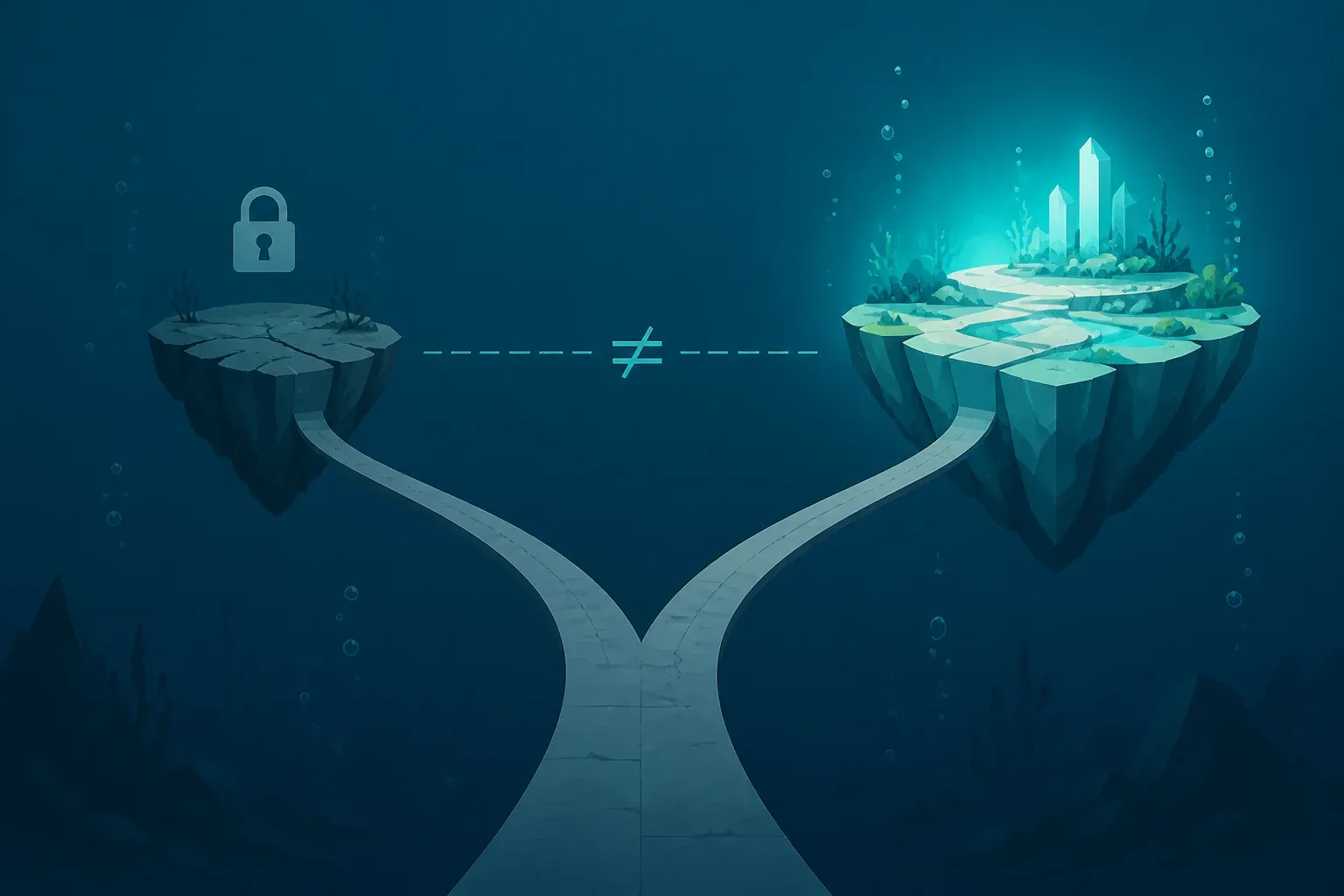 A path forking to two separate floating islands: the left one cracked and dim under a padlock, the right one bright and green, with a "not equal" sign between them.